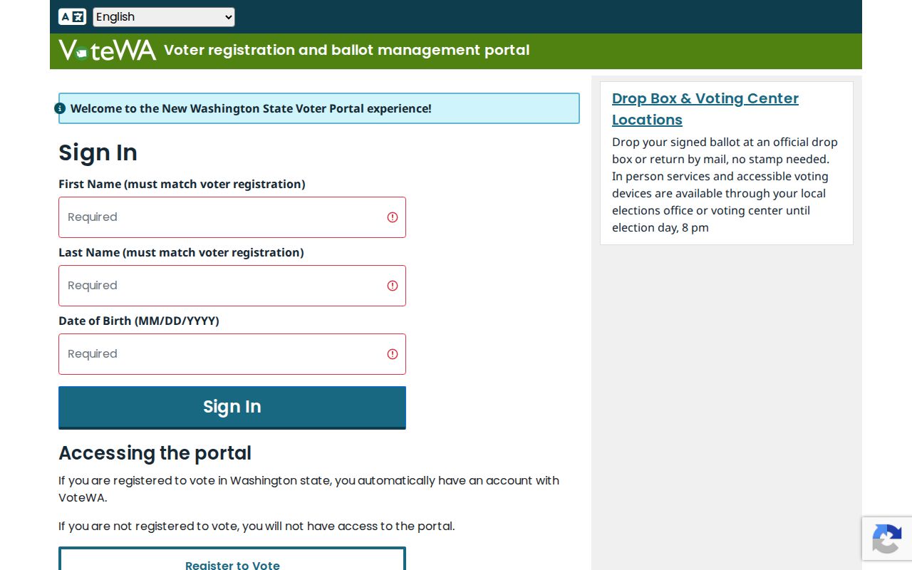 Thurston County voter registration search fields in VoteWA