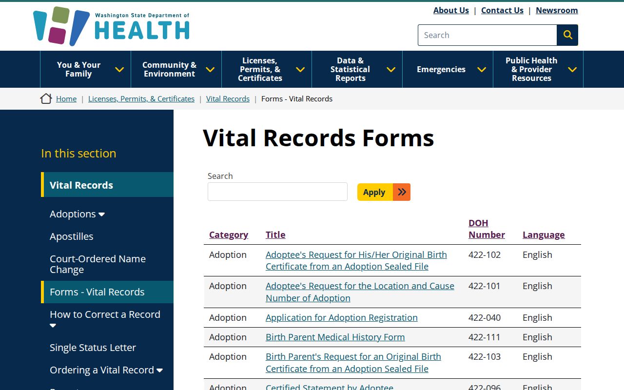 Thurston County people search Washington vital forms